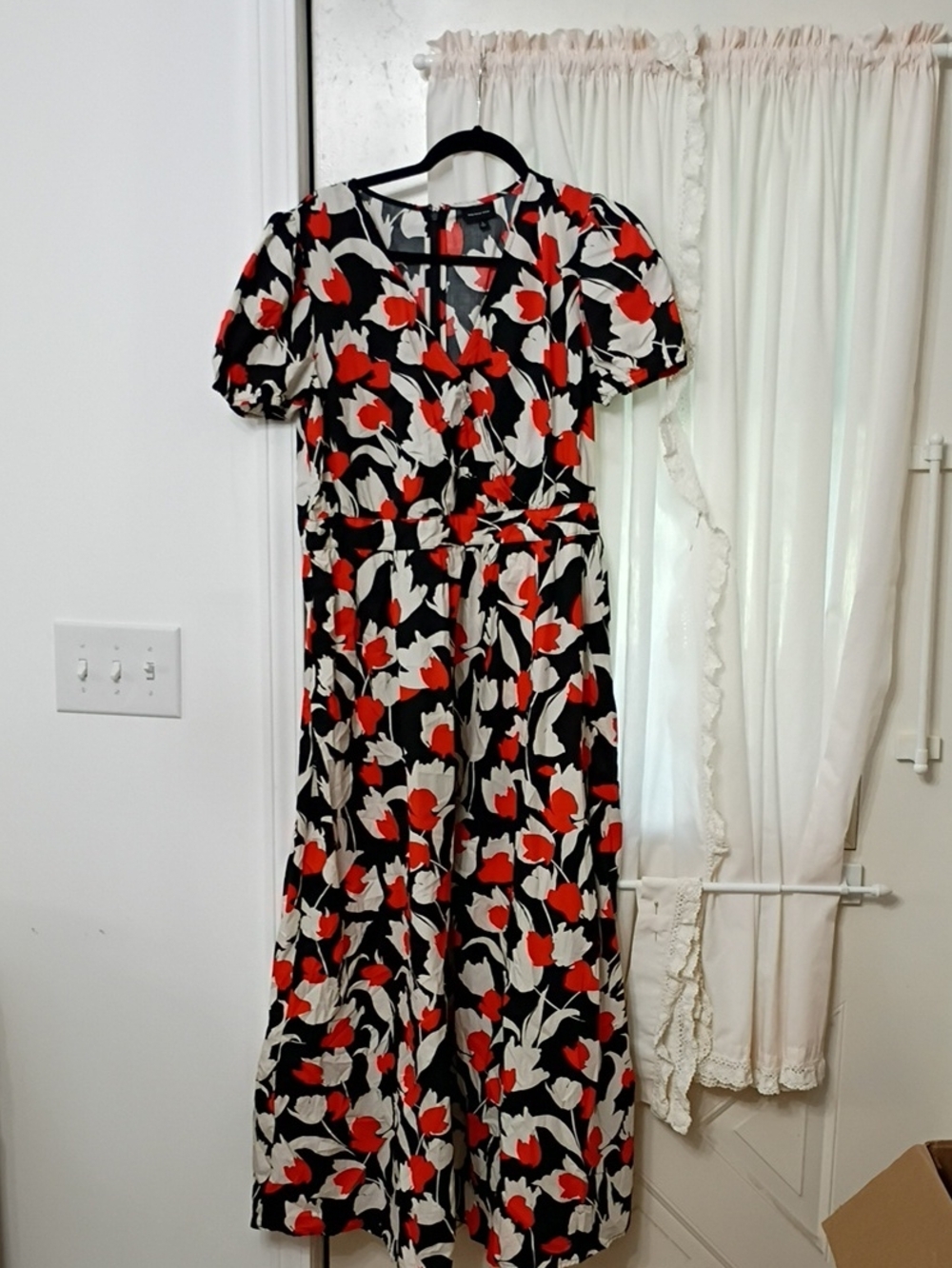 Black Floral Midi Dress with Red & Cream Tulip Print